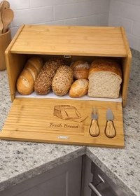 Resim Bambu Ekmek Kutusu, Doğal Bambu Malzeme, Sürgülü Kapak, Kesim Panolu Dekoratif Tasarım, 40x25x15 cm, Dikdörtgen 