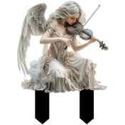 Resim Beyaz Melek Keman Çalıyor Akrilik Bahçe Kazıkları Çiçek Saksısı Çim Çiftlik Dekorasyonu Toprak Fişi Dekorasyon İşareti 