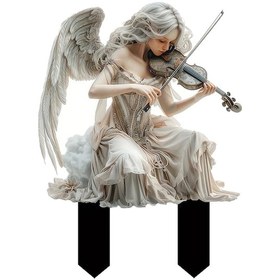 Resim Beyaz Melek Keman Çalıyor Akrilik Bahçe Kazıkları Çiçek Saksısı Çim Çiftlik Dekorasyonu Toprak Fişi Dekorasyon İşareti 