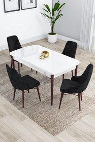 Resim Canisa Kar Serisi Beyaz Masa Ceviz Ayaklı Açılabilir Mdf 80x132 Mutfak Masası Takımı 4 Siyah Sandalye 