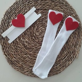 Resim Kız Bebek Kırmızı Kalp Figürlü Bandana ve Beyaz Çorap Set 