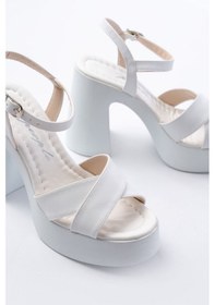 Resim P-105 Beyaz Çapraz Kalın Topuklu Kadın Sandalet Altın - Taba 