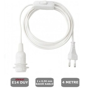 Resim 4 Metre Arapuarlı Aç Kapat Anahtar Fişli Abajur Lambader Duyu Seyyar E14 2x0,50 Beyaz 