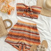 Resim Kadınlar İçin Retro Renkli Desenli Crop Top ve Şort Takımı 