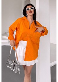 Resim Paw Garage Kadın Marlot Turuncu Oversize Keten Gömlek, 2025 Summer Collection Turuncu 