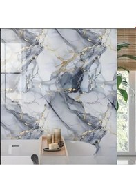 Resim 60cm X 3 Metre Tek Parça Yapışkanlı Mavi Gold Mermer Desenli Duvar Paneli Kağıdı Silinebilir Tx-6969 Altın - Turkuaz 