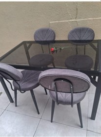 Resim Masa 90550 Cam Metal Siyah Ayak Füme Cam Temperli 8mm Sabit Masa 4 Adet Sandalye Takım Siyah 