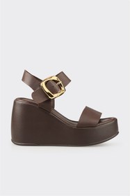 Resim Elle Shoes Kahve Deri Kadın Dolgu Topuk Sandalet 