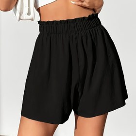 Resim Kadınların şık düz renkli yazlık şortları - Hafif polyester, yüksek bel, bağcıklı, bol kesim, hafif bej, rahat veya şık kıyafetler için mükemmel 