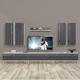 Resim Decoraktiv Eko 8d Mdf Krom Ayaklı Tv Ünitesi Tv Sehpası - Beyaz - Antrasit 