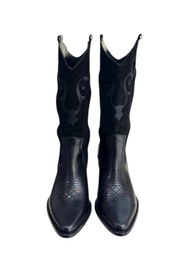 Resim TUFAN SHOES Siyah Hakiki Deri ve Süet İşleme Detaylı Western Çizme 