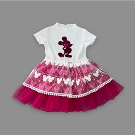 Resim Alfa Expres 1-2-3 Yaş Payetli Mickey Baskılı Brode Etekli Kız Bebek Elbisesi Fuşya Fuşya 