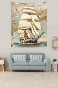 Resim Pelangi Antik Dünya Haritası Yelkenli Leke Tutmaz Kumaş Duvar Örtüsü Duvar Halısı Tapestry PNTR548, 100 x 140 