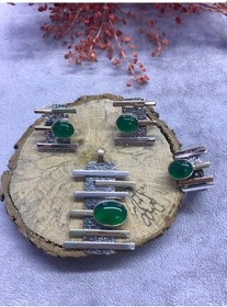 Resim Nsa Gümüş Yeşil Akik Taşlı 925 Ayar Doğal El İşi Gümüş Set 