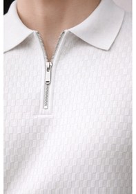 Resim Erkek Fermuarlı Polo Yaka Triko Tişört Slim Fit Dokulu Yazlık Şık Casual Beyaz 