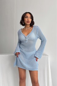 Resim aura fashionn Derin Dekolteli İncili Ajurlu Mini Plaj Elbise 