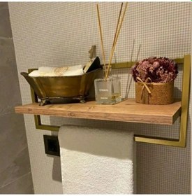 Resim Defne Banyo Ahşap Raflı Metal Havlu, Şal Askılık 