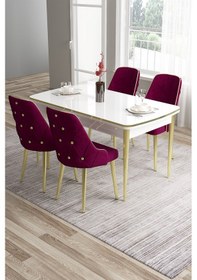 Resim Canisa Tia Serisi 80x132 Açılabilir Mdf Gold Detay Beyaz Masa Takımı Ve 4 Mürdüm Sandalye Masa Beyaz Sandalye Mürdüm 