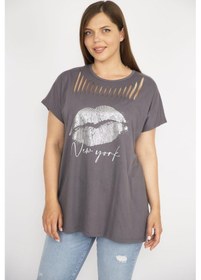 Resim Kadın Füme Büyük Beden Lazer Kesim Ve Lak Baskı Detaylı Düşük Kollu Rahat Kesim Bluz-füme Füme 