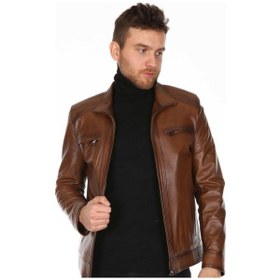 Resim Hakiki Kuzuderisi Casual Fermuarlı Erkek Deri Ceket Kahverengi Kahverengi 