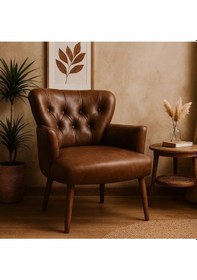 Resim Waterybrook Tekli Berjer Koltuk - Kapitoneli Suni Deri - Ceviz Ahşap Ayaklı - Modern Tasarım Acı Kahve 