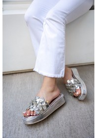 Resim Manje Püskül Detaylı 4cm Özel Kalın Tabanlı Kadın Terlik Silver Gümüş 