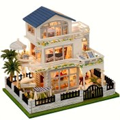 Resim DIY 3D Kitap Nook - Mavi Çatı ve Bahçe ile Şirin Beyaz Evi - Kitaplık Dekoru için El Yapımı Ahşap Model, Doğum Günleri, Okula Dönüş, Cadılar Bayramı, Yılbaşı, Sevgililer Günü, Paskalya için İdeal Hediye - Pil Gerektirmez, Kitap Süsleme Kiti|Rustik Şık|El Yapımı Detay 