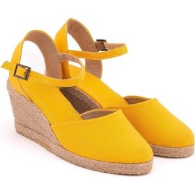 Resim Star Tombis Gerçek Elişi Topuğu Açık Bilekten Bantlı Dolgu Topuk Keten Hasır Espadril Handmade Sarı 