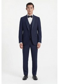 Resim Giotelli Erkek Lacivert Dar Kesim Slim Fit Viskon Dokuma Normal Bel 6 Drop Yelekli Smokin Takım Elbise 