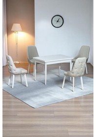 Resim Monera Beyaz 80 X 132 Açılabilen Mdf Masa Metal Ayaklı Mutfak Masası Takımı 4 Krem Sandalye Krem 