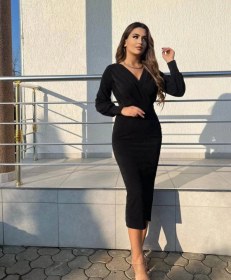 Resim Kadın Uzun Kollu Kruvaze Yaka Büzgü Ve Balon Kol Detay Krep Kumaş Maxi Boy Simli Elbise Çok renkli 