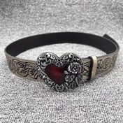 Resim Gotik Kadınlar Vintage Tırtıklı Kemer Kırmızı Kalp Şekilli Toka Gotik Koyu Tarz Bel Bandı Y2k Punk Trend Bireysel Her Şeye Uygun Kemerler 
