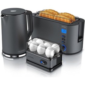 Resim Arendo 3 Lü Kahvaltı Seti 1.5l Paslanmaz Çelik Kettle, 4 Dilim Tost Makinesi & 6 Lı Yumurta Pişirici Su Isıtıcılar Koyu Gri 