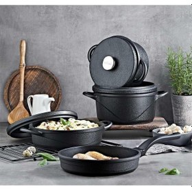 Resim Oms 3557 Wave Quartz Prıme 7 Parça Biogranit Döküm Tencere Seti Siyah 