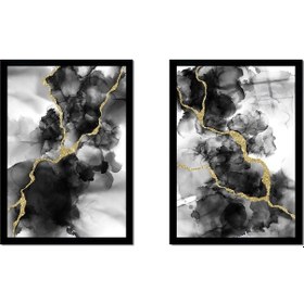 Resim Altın Detaylı Siyah Soyut İkili Çerçeveli Cam Tablo Seti-173498 