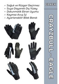 Resim Crazybull Eagle Gri Su Ve Rüzgar Geçirmez Kışlık Erkek Motosiklet Eldiveni + Buff 