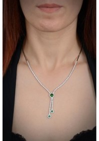 Resim Kadın Gümüş Set - Selen Gümüş Yeşil Taşlı Su Yolu Set • Işıklı Kutuda • Düğün • Nişan • Gelin Seti 
