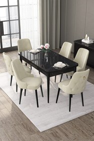 Resim Canisa Nex Serisi 80x132 Mdf Açılabilir Siyah Mermer Masa Takımı 6 Krem Sandalye Gold Halka 