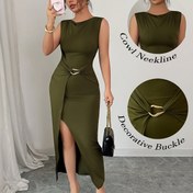 Resim Kadınların Zarif Yaz Kolsuz Vücut Sıkı Elbisesi, Ruched Bel ve Yüksek Yarık - Esnek Polyester Karışımı, Düz Renk, Yuvarlak Yaka, Makinede Yıkanabilir, Günlük ve Resmi Durumlar, Akşam Giyim, Formu Sıkı Siluet 