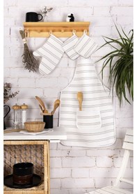 Resim Morlay İnce Çizgili Mutfak Önlüğü Fırın Eldiveni ve Tutacak Takımı Mutfak Çeyiz Seti 4'lü Beyaz - Gri 