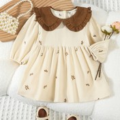 Resim Kızların Dantel Oya Vintage Renk Blok Uzun Kollu Ruffle Yaka Elbisesi, Preppy Stil Polyester 100% Dokuma Kumaş, İlkbahar/Sonbahar için Normal Beden 