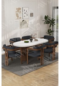Resim Avvio Arion Serisi Bohem Ayak 6'lı Tokyo Metal Demonte Sandalye 80x160 Masa Sandalye Takımı Beyaz Masa Sandalye Kahve Kumaş Antrasit Gri 