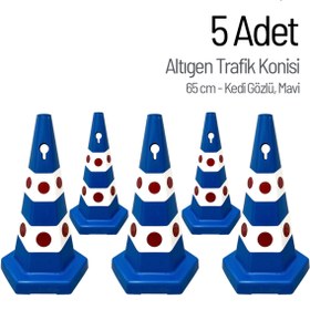 Resim İleri Trafik 5 Adet Kedi Gözlü Mavi Altıgen Trafik Konisi 65 cm Trafik Dubası Seti 