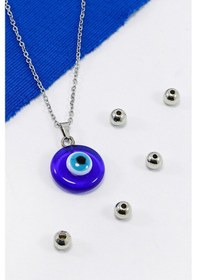 Resim Paslanmaz Çelik Gümüş Renk El Yapımı Cam Nazar Boncuklu Çelik Kol Çok Renkli 