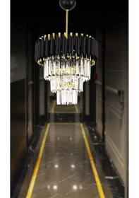 Resim Zamira 35 Cm'lik Kristal Taşlı Lüx Avize 3'lü Black Gold - Yatak Odası - Salon - Mutfak - Hol Altın 