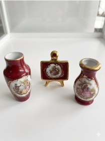 Resim Vintage Limoges France Bordo Altın Varaklı Minyatür Set - 2 Adet Vazo ve Şövale Obje 