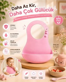 Resim Silikon Mama Önlüğü Su Geçirmez Ayarlanabilir Bebek Önlüğü Bpa İçermeyen Geniş Cepli Beslenme Önlüğü Pembe 