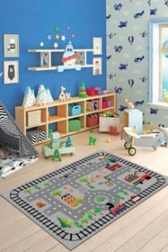 Resim Modanoiva Kaymaz Taban Yikanabilir Tren Ve Araba Yolu Desenli Dijital Baskılı Çocuk Halısı 