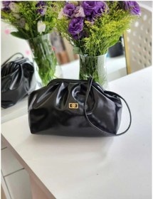 Resim Çanta Trend Kadın Siyah Rengi Parlak Suni Deri Askılı Clutch Günlük Ve Abiye Çanta 