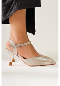 Resim Pary Altın Sivri Burunlu Dokulu Kısa Topuklu Sandalet 001 